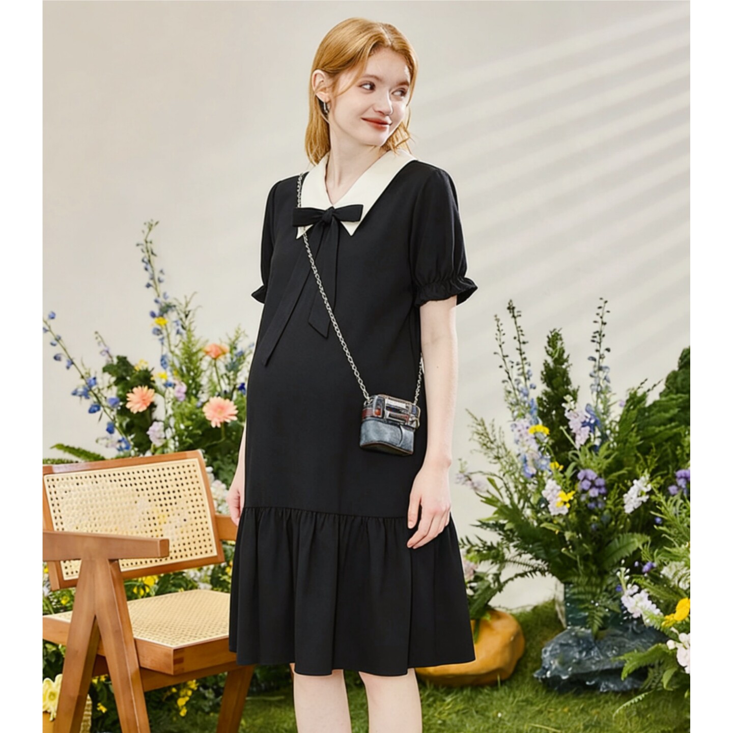 孕妇夏季法式连衣裙甜美宽松上班族通勤孕妇职业装夏装雪纺连衣裙