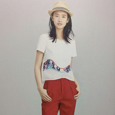 三C 2017夏装新品圆领短袖印花拼接雪纺T恤上衣女S620217C50