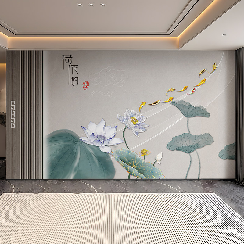 中式意境荷花电视背景墙壁纸3d立体淡雅古风客厅卧室装饰莲花壁画