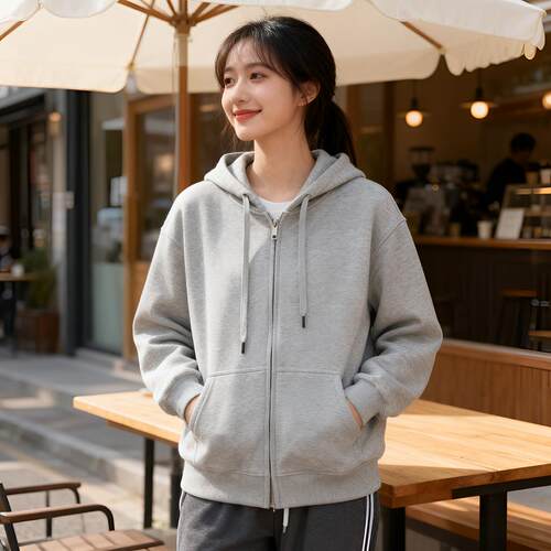 秋冬慵懒风连帽拉链卫衣女宽松