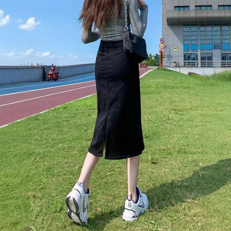 高腰开叉牛仔半身裙女2025年新款春秋宽松a字中长款直筒包臀裙子