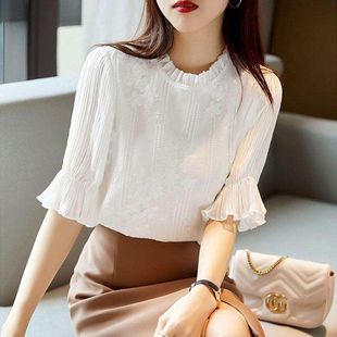蕾丝打底衫 女春秋荷叶边领白色长袖 上衣T恤时尚 内搭洋气高档小衫