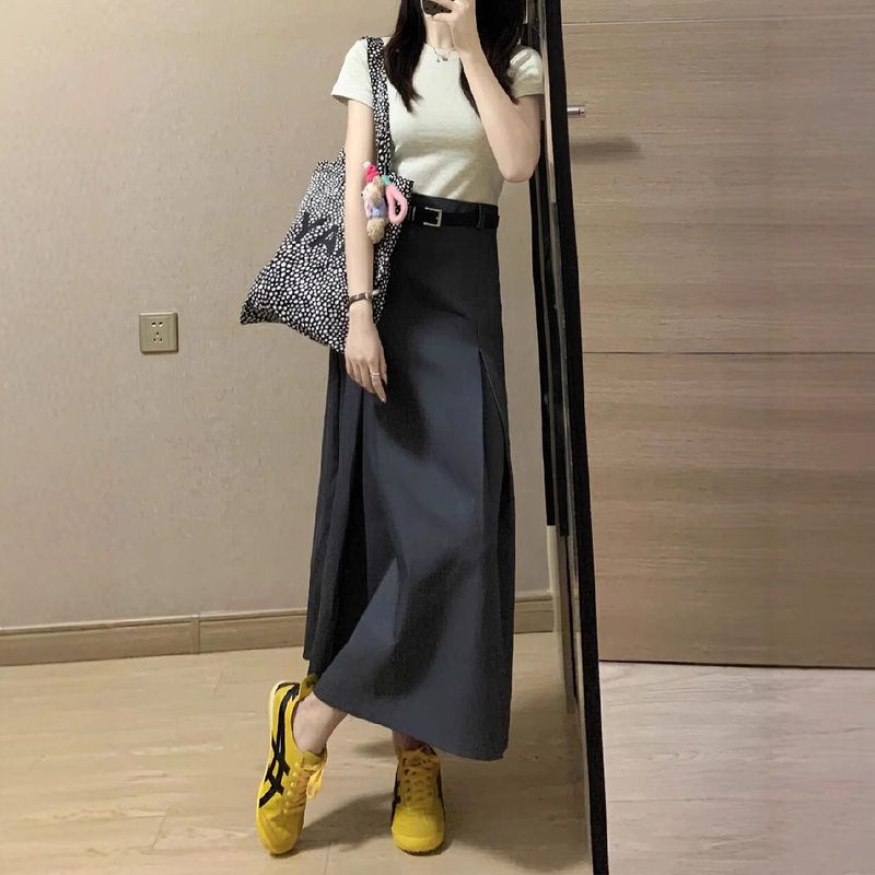 梨形身材灰色西装半身裙女秋季胖妹妹mm高腰遮胯显瘦中长款a字裙