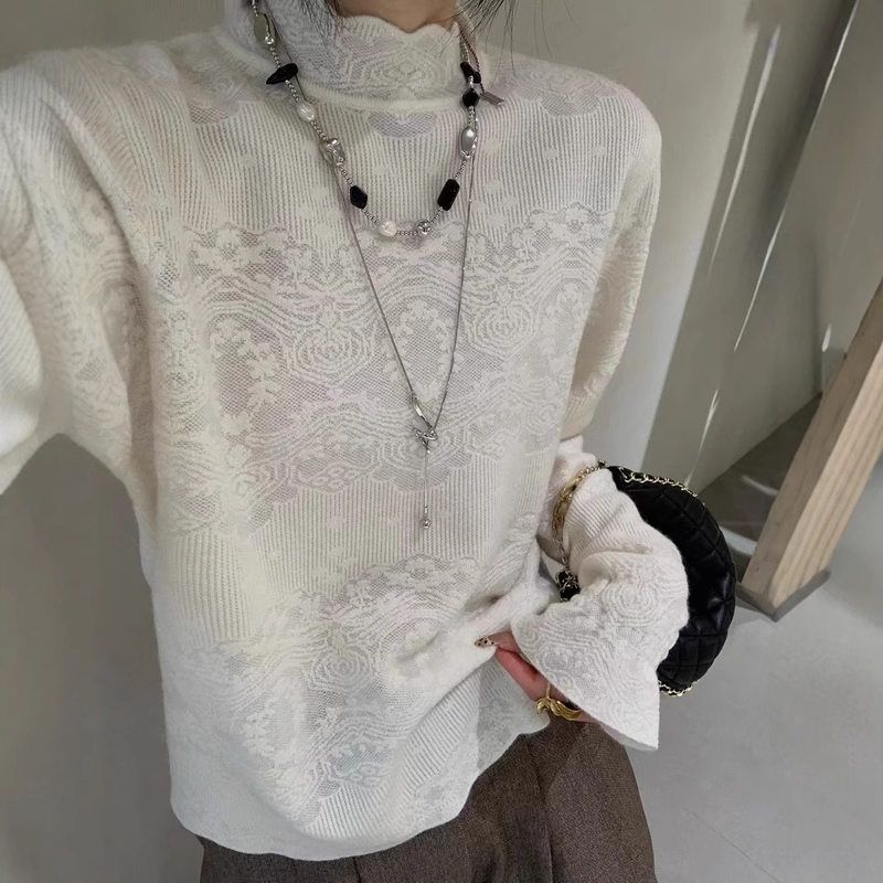 韩版慵懒风半高领羊毛蕾丝打底针织衫女秋冬时尚洋气内搭长袖毛衣