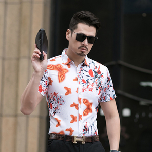 C231男式花衬衫短袖大码男韩版花色衬衫短袖p40模特图图片