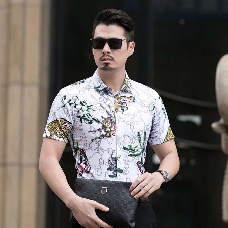 C231男式花衬衫短袖大码男韩版花色衬衫短袖p40模特图,男装衬衫,星座1203