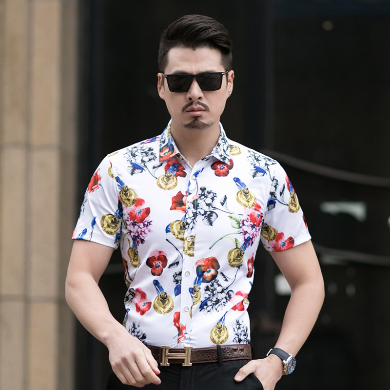 C231男式花衬衫短袖大码男韩版花色衬衫短袖p40模特图图片