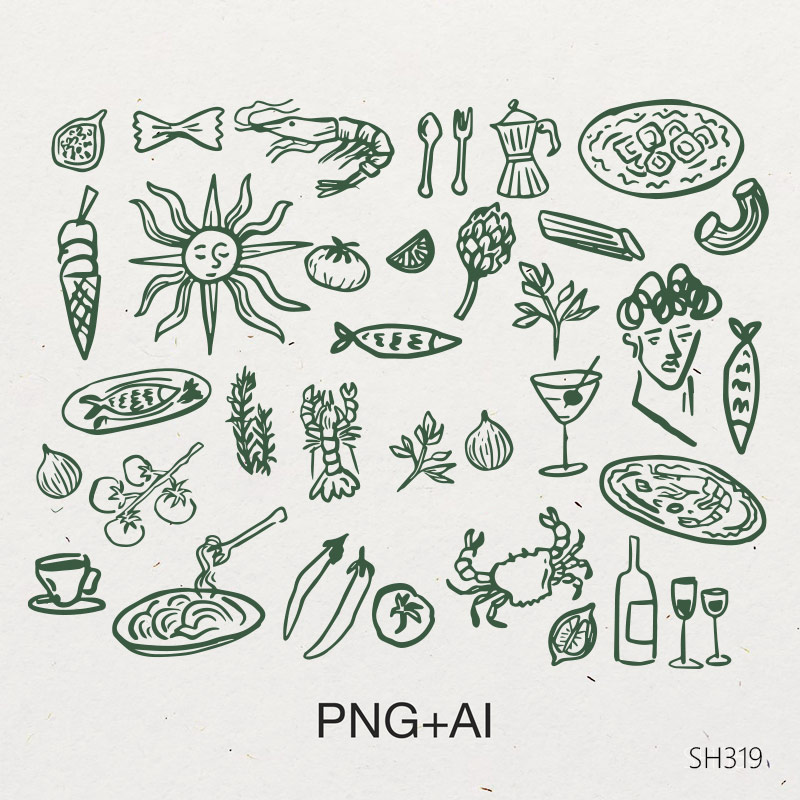 手绘涂鸦婚礼图标包意大利风格插画晚餐地中海图标邀请函素材设计