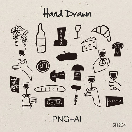 手绘中式晚宴插图法式婚礼食品涂鸦食品饮料派对邀请函素材图模板