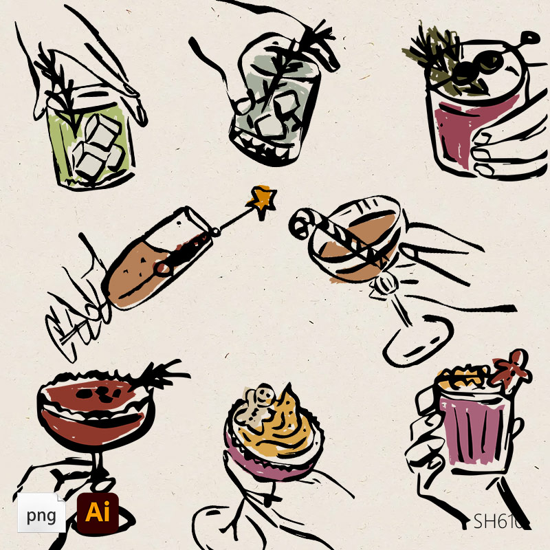手绘冬季鸡尾酒插图彩色圣诞鸡尾酒古怪新年插画线条素材插图设计