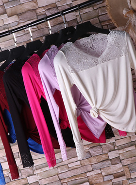 2018秋冬新款蕾丝性感打底衫V领大码莫代尔韩版修身长袖花边T恤女