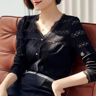新款蕾丝打底衫女长袖修身V领透视网纱仙气上衣2021春装新款小衫