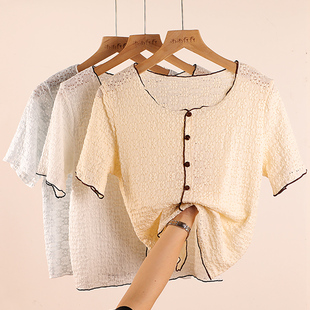 2022新款超仙配半身裙的上衣镂空短袖女夏季雪纺别致漂亮小衫宽松