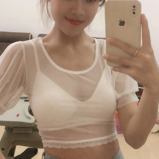 半截短款网纱打底衫女夏新款吊带裙内搭薄纱短袖冰丝紧身小衫T恤