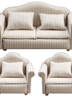 dollhouse 娃娃屋 仿真微缩 白色条纹米色 沙发三件套 模型道具