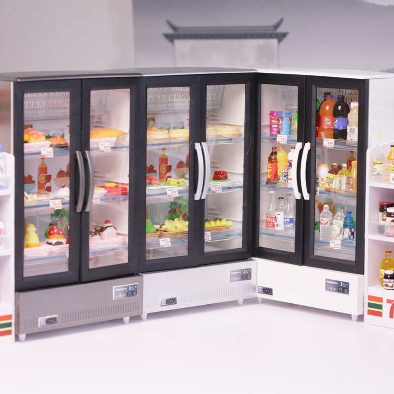 Dollhouse 娃娃屋 双门冰柜冰箱 厨房超市 微缩食玩场景迷你家具