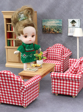 dollhouse 娃娃屋 仿真微缩 红色 朝阳格子 沙发套带靠枕