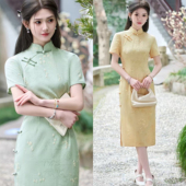 短袖 绿色年轻款 日常可穿 改良旗袍2025新款 女复古修身 国风中式 短款