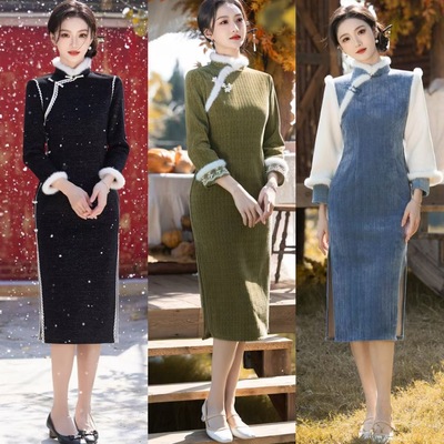 雪尼尔蓝色秋冬旗袍冬装新中式改良长袖大码微胖遮肚子显瘦小个子