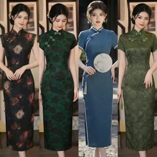 绿色显瘦国风中式长款改良旗袍2026新款女老上海复古修身短袖夏季