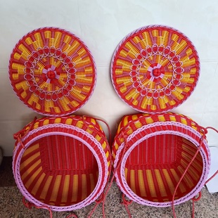 高端喜庆箩筐藤编超大号拜神筐手工扁担一对乔迁结婚新房嫁妆带盖