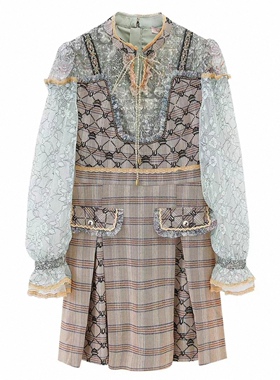 露露家蕾丝拼接格纹提花小香风连衣裙长袖立领女春秋收腰显瘦包邮