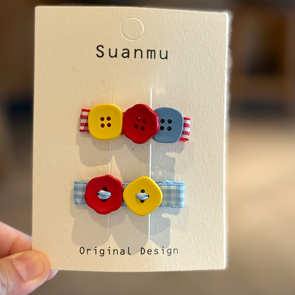 儿童拼色发夹红蓝格子女孩刘海夹发卡女童纽扣彩色碎发夹边夹头饰