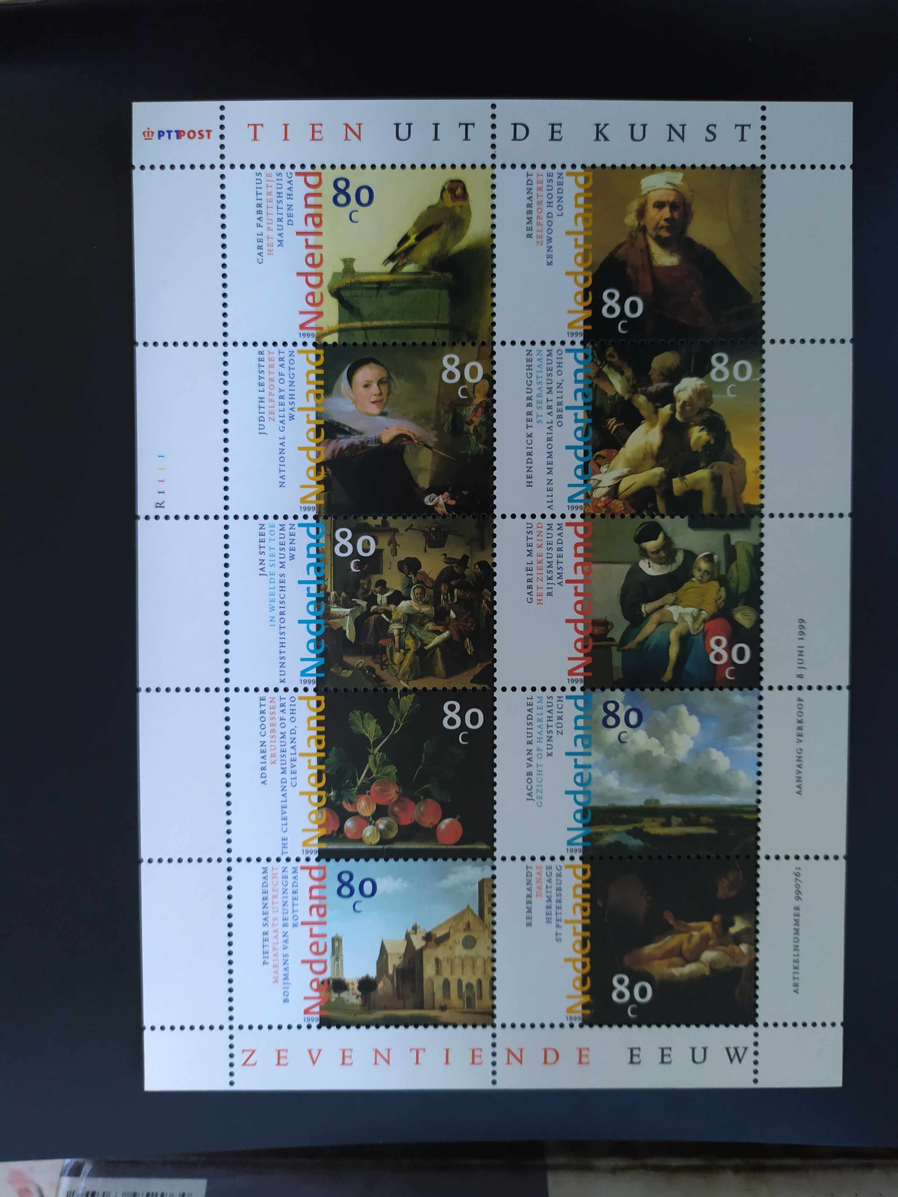 荷兰 1999年绘画艺术伦勃朗建筑鸟静物裸女等 邮票小全张1全新
