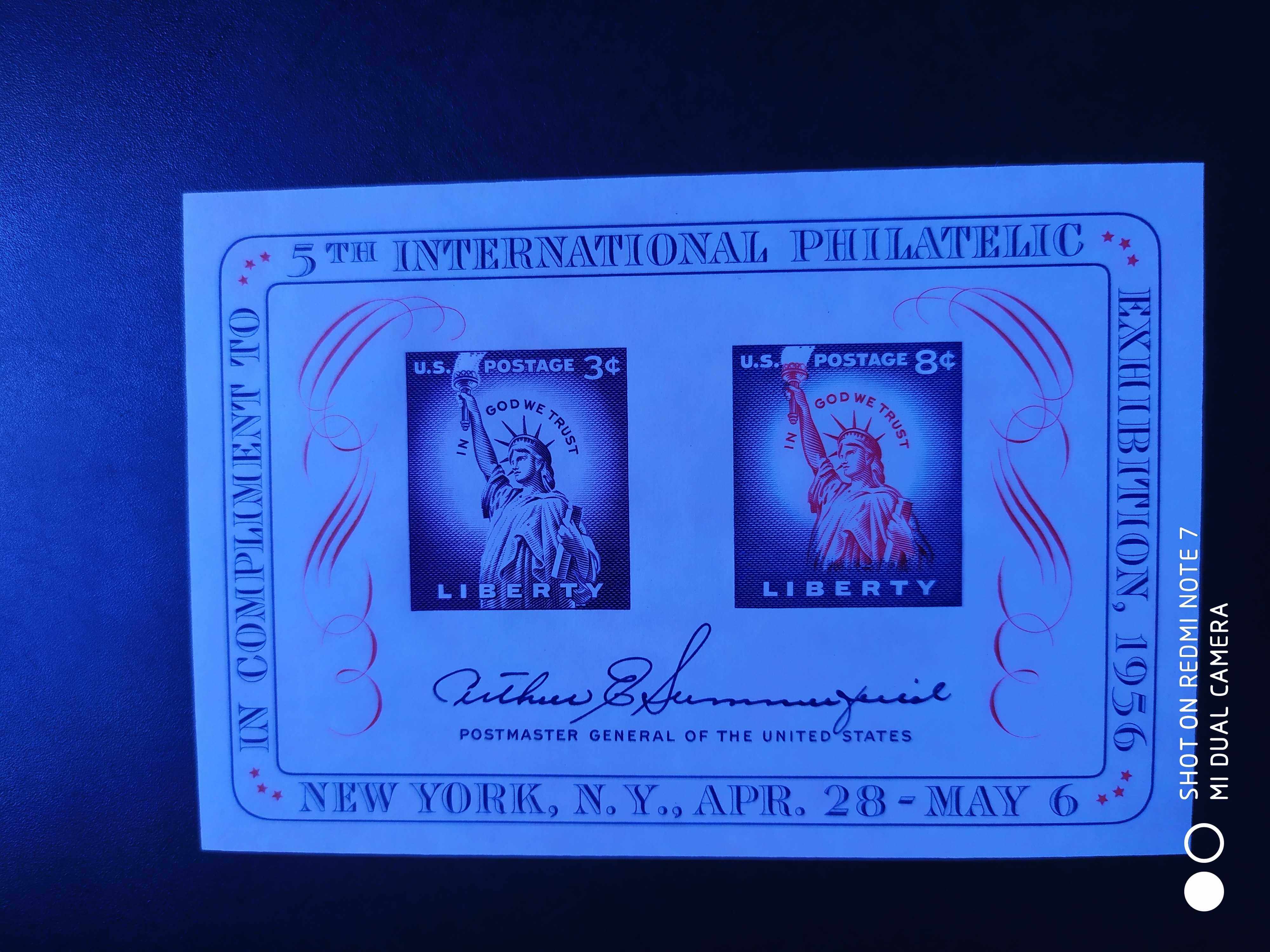 美国1956年自由女神邮展纪念邮票无齿张1全新