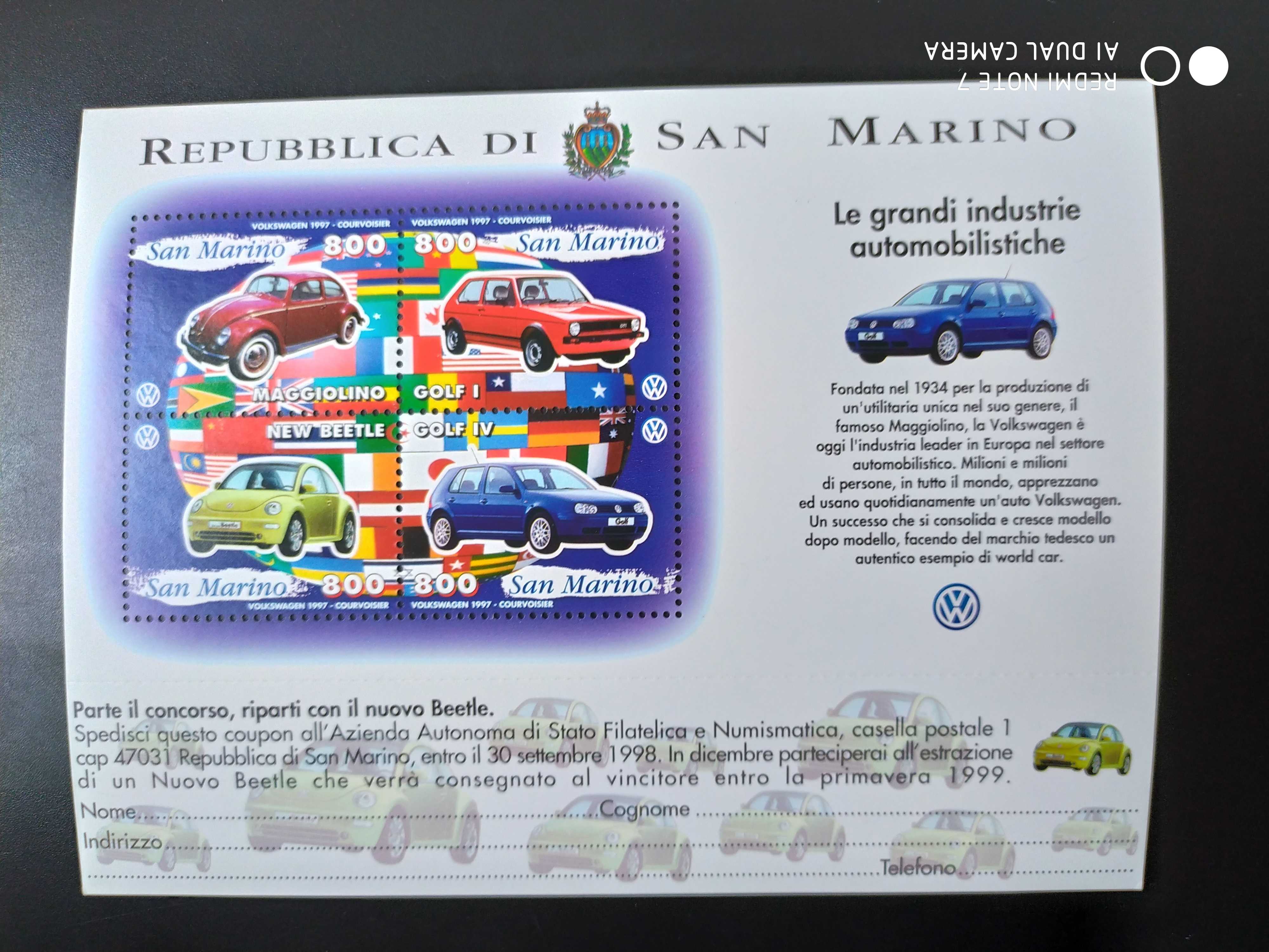 圣马力诺1997年国旗汽车邮票小全张1全新