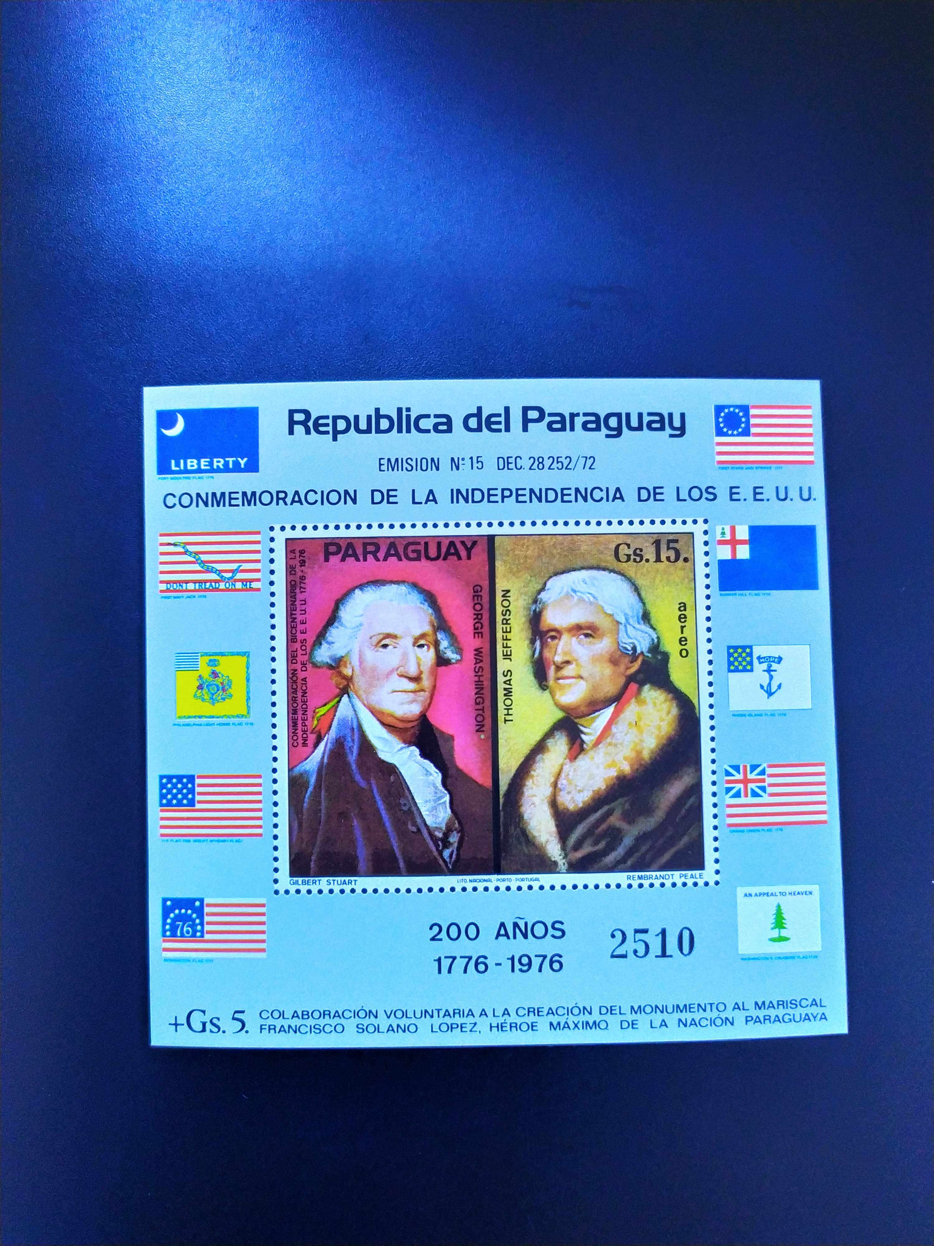 巴拉圭1976年国旗州旗美国独立200年邮票小型张1全新