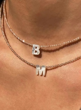 小众欧美度假串珠浪漫叠戴彩色锆石天然贝壳字母项链锁骨链定制