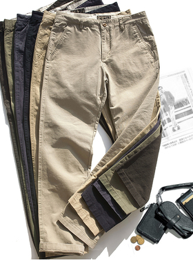 日系纯棉全棉水洗工装裤无弹商务厚实直筒休闲裤chino长裤秋冬男