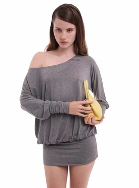 Kira niihai同款辣妹温柔露肩斜肩落肩复古莫代尔休闲长袖连衣裙