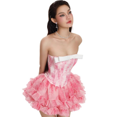 越南小众 LANECI 25ss抹胸鱼骨束腰蝴蝶结连衣裙甜辣风蓬蓬裙