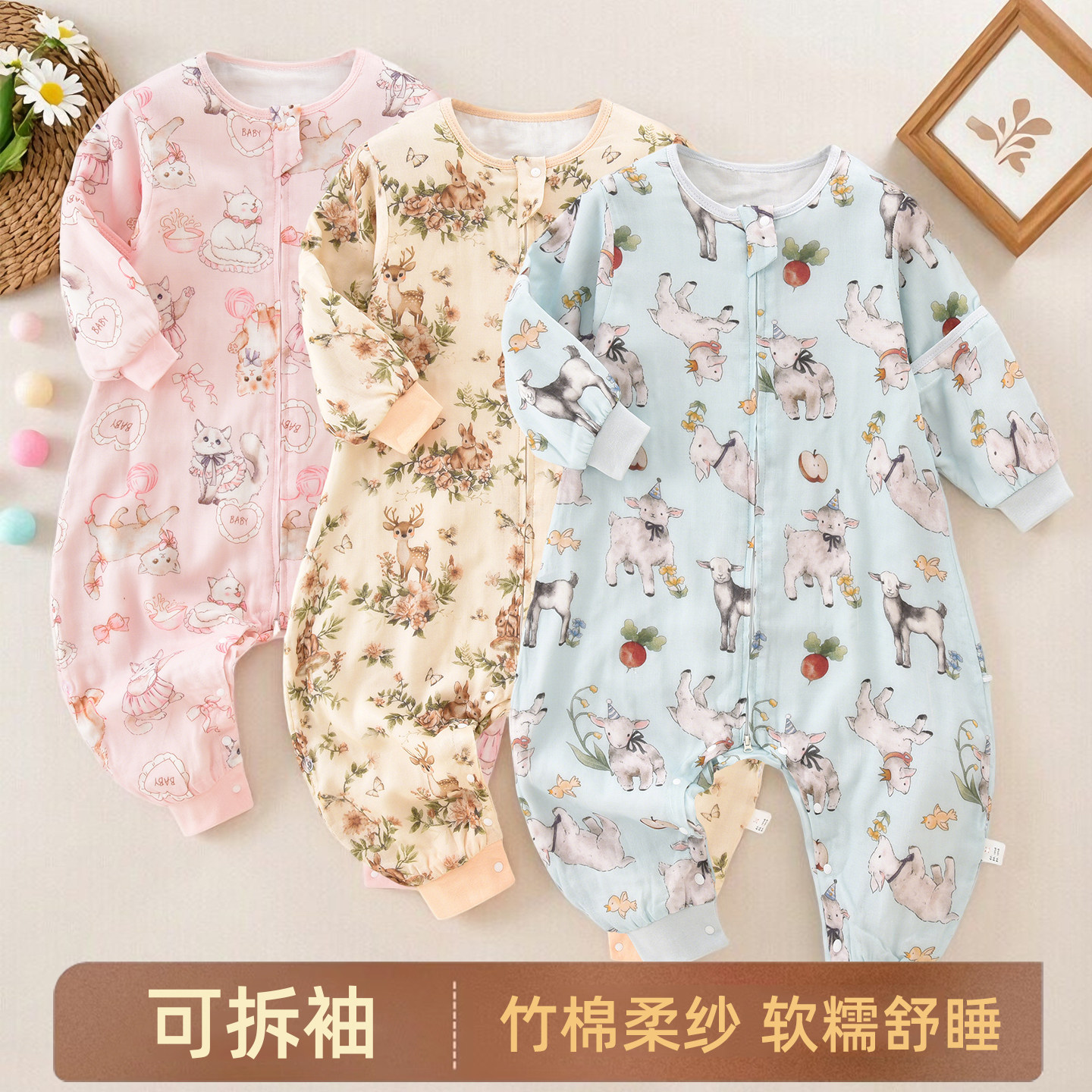 婴儿睡袋夏季竹棉纱布薄款分腿式新生儿童宝宝春秋防踢被四季通用