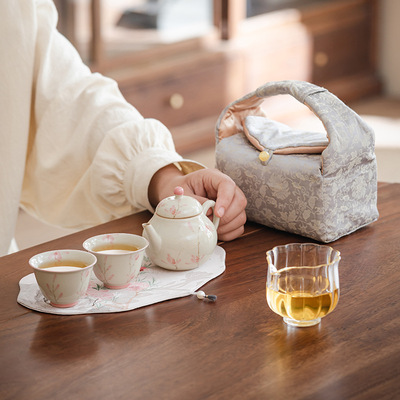 冰台手绘粉玉兰梨壶茶壶一壶两杯功夫茶具便携装布包旅行茶具套装