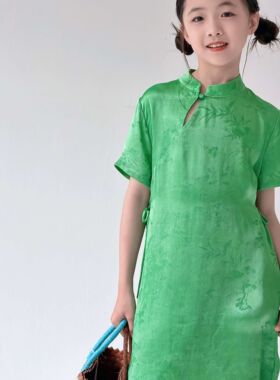 『东方美人』小众新中式高定100%人丝老缎绿色提花绑带旗袍裙亲子
