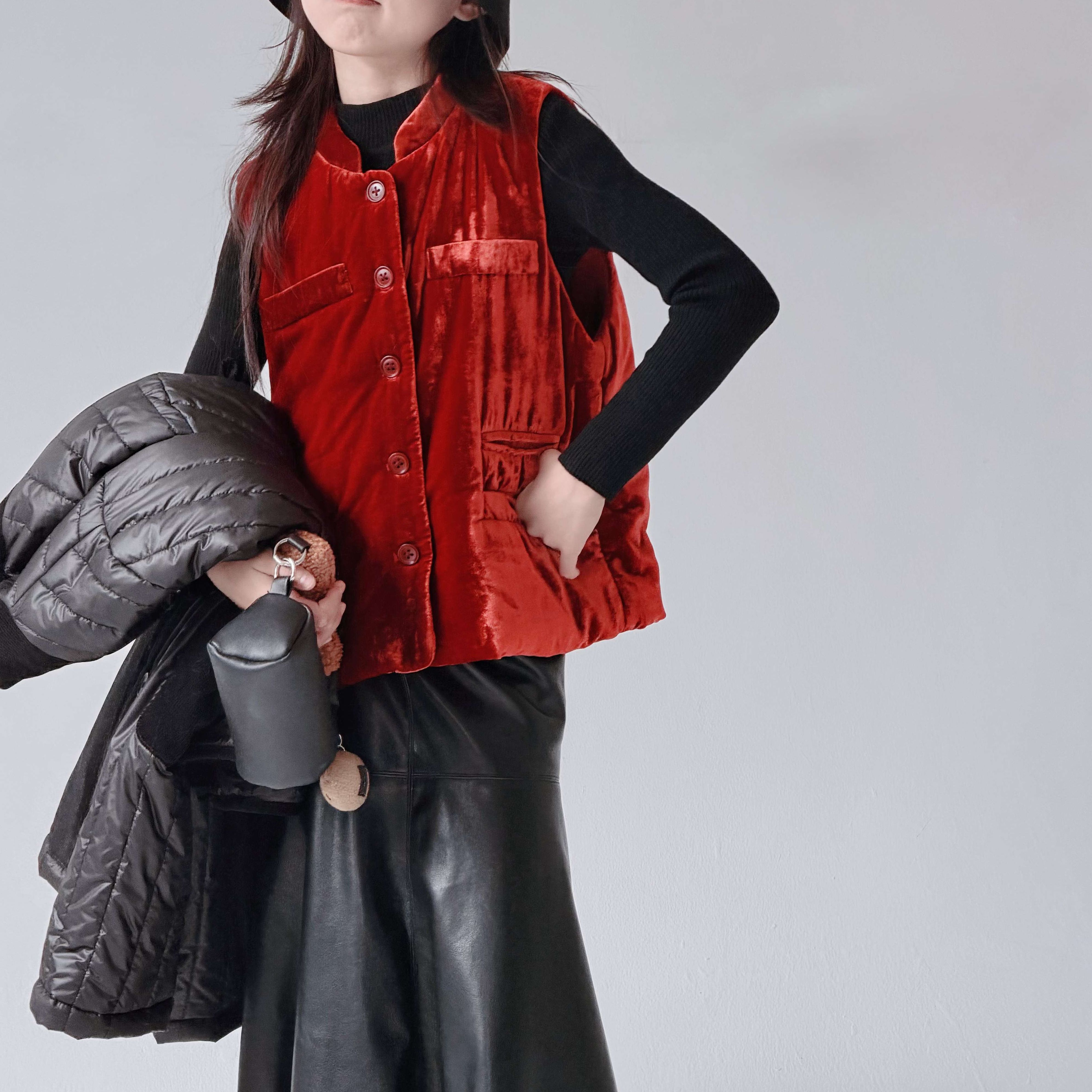 『热红酒』小众新中式高定人丝丝绒多口袋设计夹棉旗袍马甲色绝美