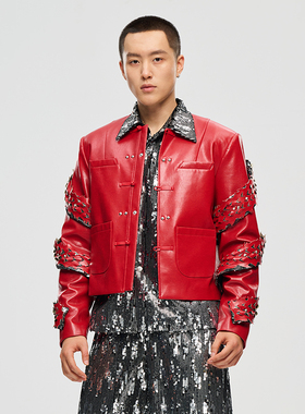 红色圆领夹克剪纸盘扣外套 可拆卸装饰 Esa Liang梁冰琴