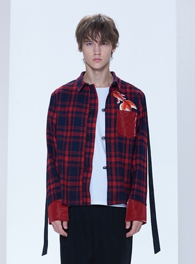 红色格纹盘扣衬衫 翻领飘带拼接上衣 Esa Liang梁冰琴