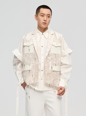 白色珠片马甲吊坠拼接开衫无袖外套Esa Liang梁冰琴