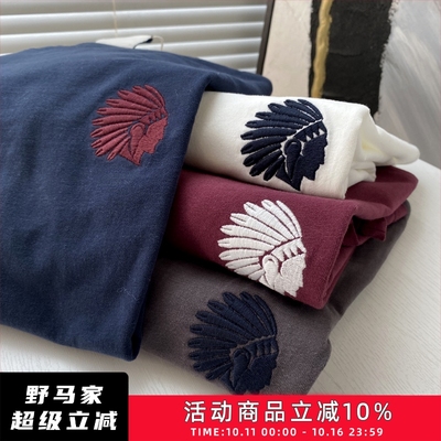 印第安人像刺绣纯棉圆领短袖T恤