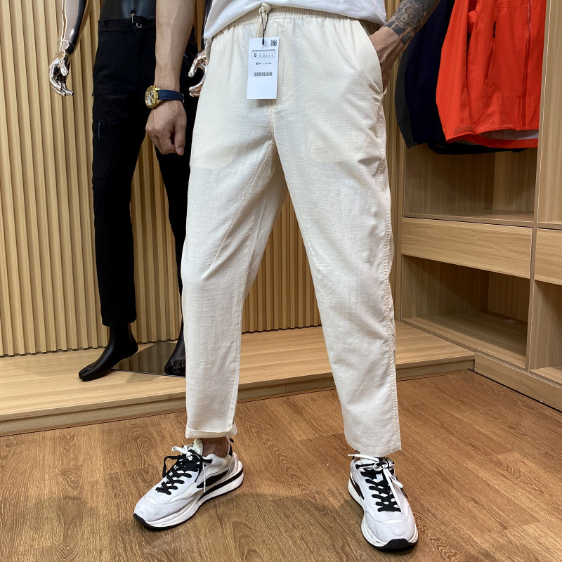 西班芽订单！水洗棉麻混纺！夏季男士时尚百搭松紧腰休闲九分裤潮