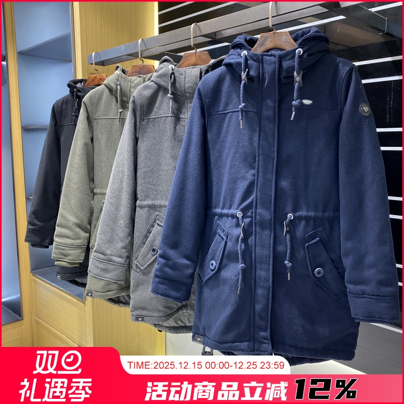 欧单 复古防毛呢加厚保暖连帽抽绳收腰显瘦中长款棉衣棉服外套女