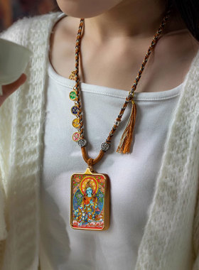 唐卡绿度母吊坠高档西藏手绘