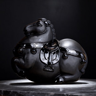 天然黑曜石生肖马摆件属相本命年属马羊吉祥物唐马家居卧室办公室