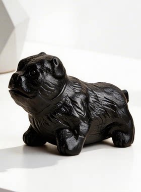 天然黑曜石法斗犬摆件