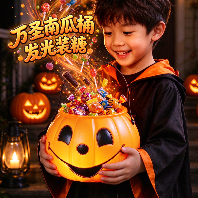 万圣节南瓜灯糖果桶盒装饰讨糖袋篮儿童手提发光道具氛围布置摆件