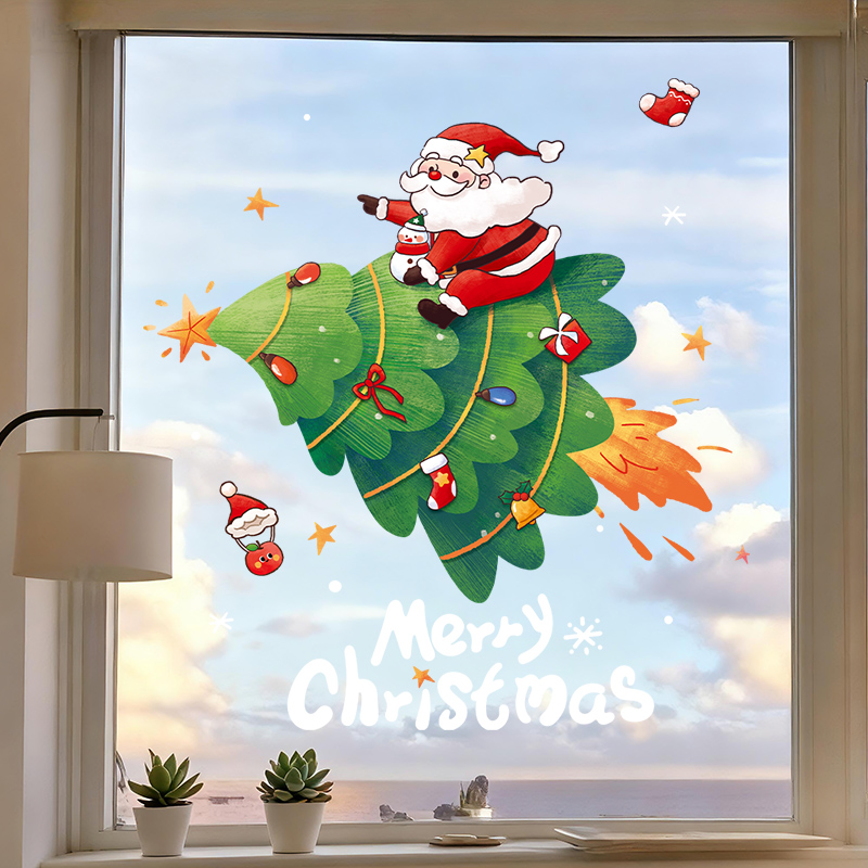 圣诞节装饰氛围场景布置家居耶诞树老人装扮雪花静电玻璃贴纸窗贴